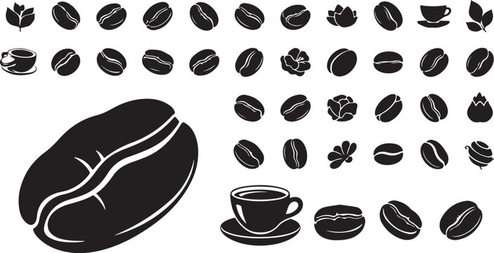 Coffee beans and cups silhouette vector illustration set