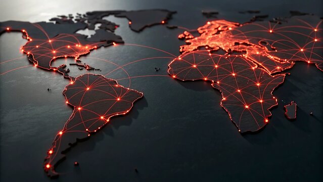 Global network connection over the world. Internet Concept of global business.World map with glowing lines on dark background. Network and communication concept. 3D Rendering	
