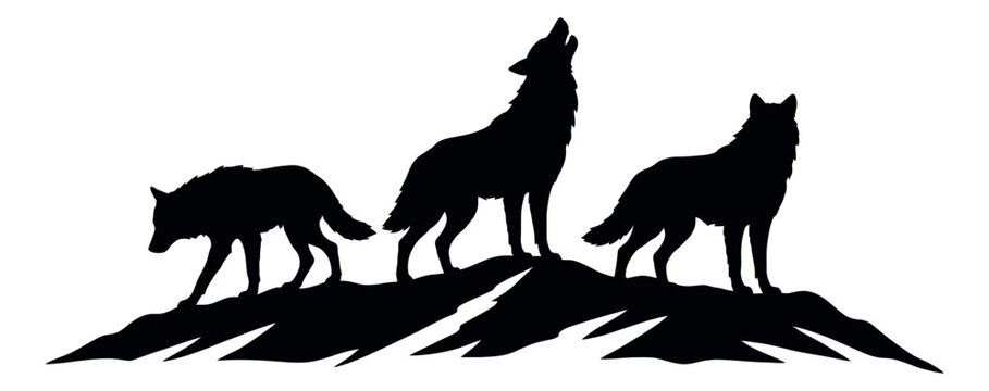 Black silhouette illustration of wolves depicting one howling on a mountain for wilderness design