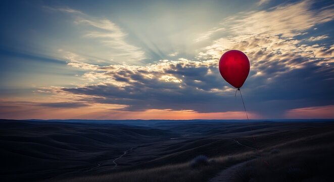 A red hot air balloon flies over a vast desert landscape at sunset