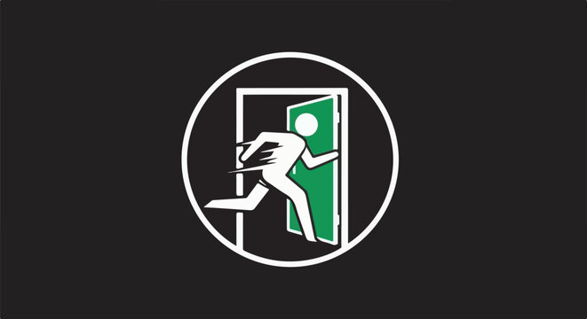 Stylized figure running through an open door inside a circle