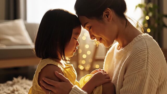 loving asian mother and little daughter touching foreheads with closed eyes in cozy room. warm family bonding, affection, unconditional love, gentle care. emotional connection, peaceful lifestyle.