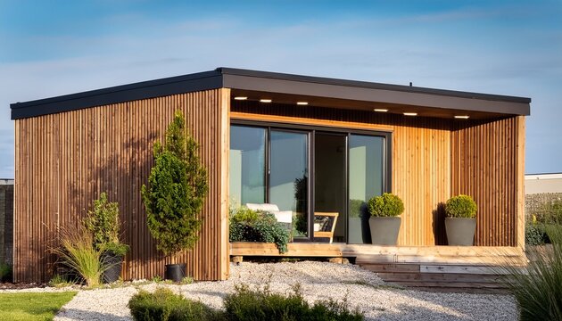 modern modular home with wood paneling and minimalist xeriscaping