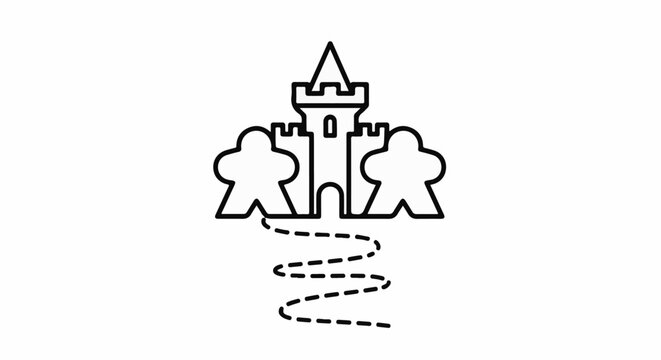 A castle graphic with two pawn-like figures and a dashed path