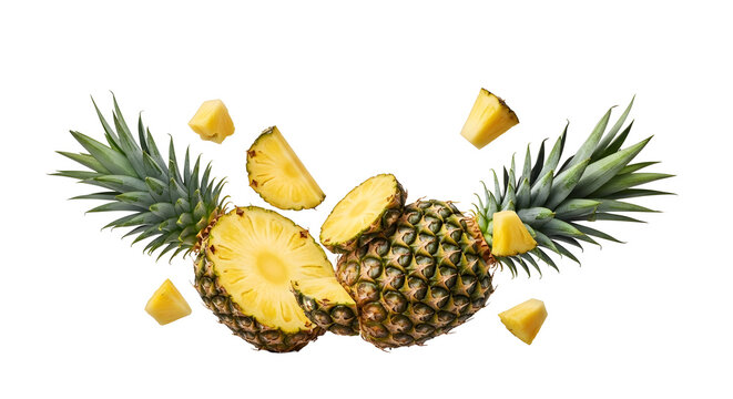 Exploding pineapple a tropical fruit burst with slices and crown against black background