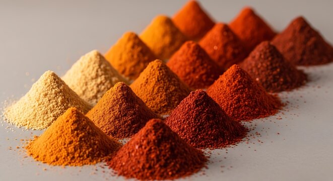 Colorful piles of aromatic spices and powders arranged in rows. aleppo pepper powder