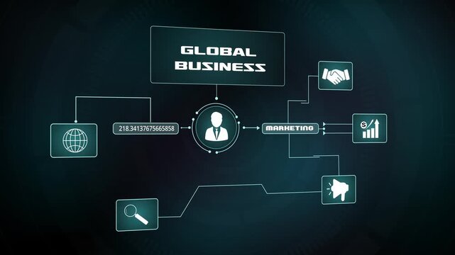 Global business and digital marketing network dashboard, futuristic HUD interface for international trade, corporate networking and strategic growth visualization concept.