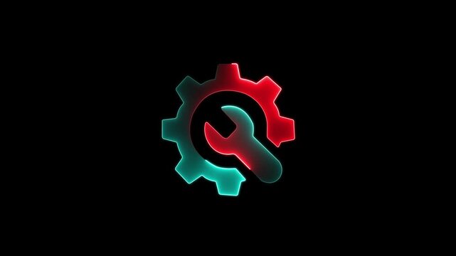 Glowing Wrench and Gear Icon Representing Maintenance, Technical Support, Engineering, or System Configuration in Neon Style on a background.