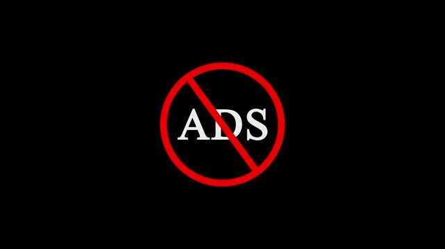 Digital Ad Blocker Animation Featuring No Ads Sign with Red Prohibition Circle and White Text on Black Background for Clean User Experience and Privacy.