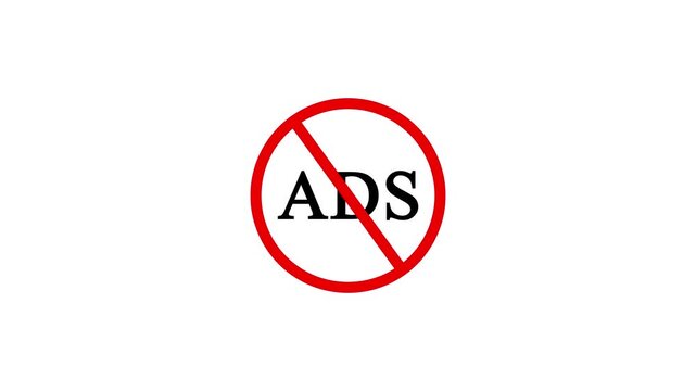 Minimalist Ad Blocker Sign Animation with Red Prohibition Symbol and Black Text on White Background for Website Optimization and Ad-Free Content Concept.