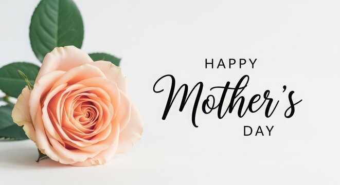 Single peach rose with green leaves and Happy Mother's Day text mothers day flower