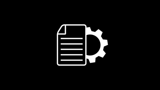 Animated White Line Document and Gear Icon Representing File Processing, System Configuration, and Project Management on Black Background. with 4k video animation.