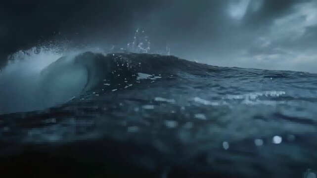 Building large breaking ocean wave curling into barrel at open ocean dusk, storm wind pushing spray