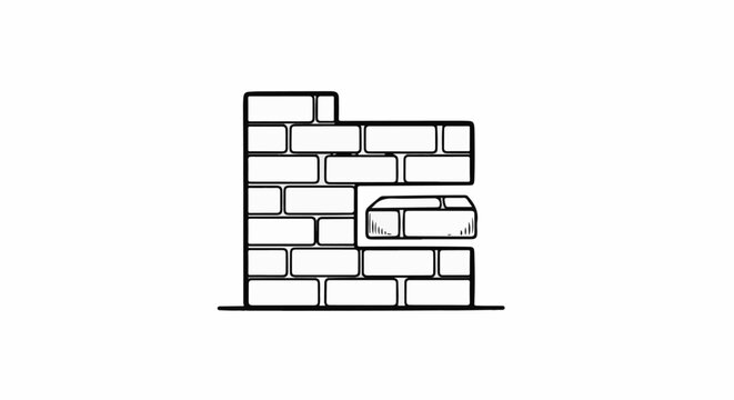 A sketched brick wall with a missing section and a protruding stone