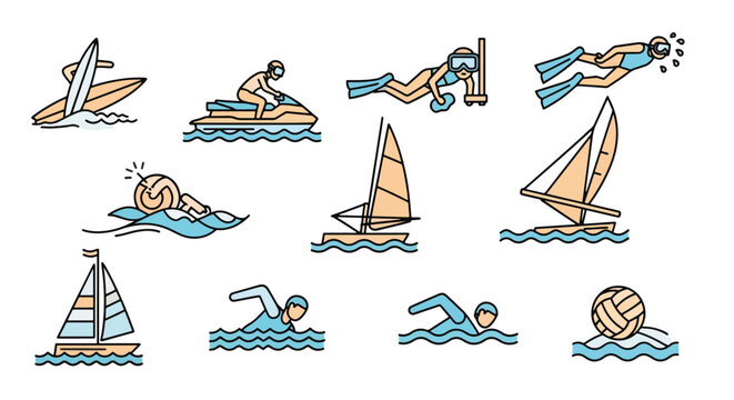 People swimming and sailing on water.
