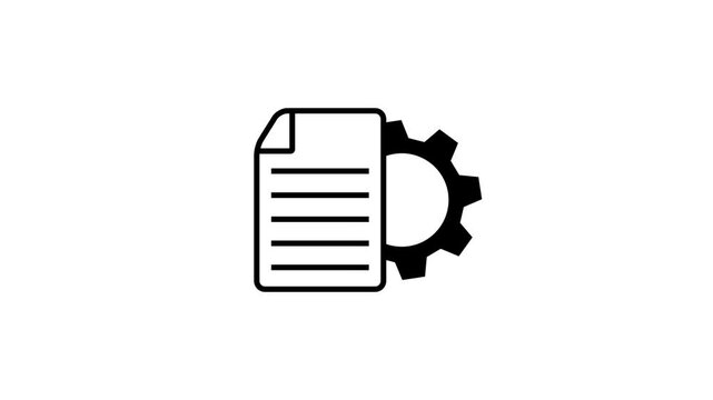 Minimalist Black Document and Rotating Gear Animation on White Background for Corporate Workflow, Data Management, and Technical Documentation Concepts.