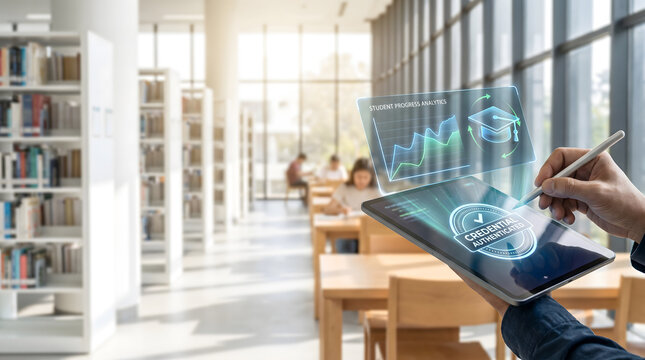 Teacher using tablet with credential authenticated hologram and student progress analytics in library, EdTech concept showing digital dashboard with academic analytics.