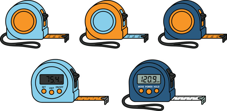 Manual and Digital Tape Measure Vector Icon Set Featuring Orange and Blue Measuring Tools with Metric and Imperial Ruler Scales for Construction and Carpentry Designs