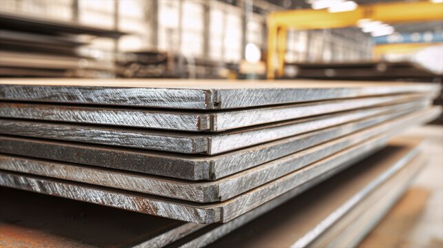 Close-Up of Stacked Steel Plates in a Manufacturing Facility, Showcasing Their Texture and Industrial Context with Natural Lighting.