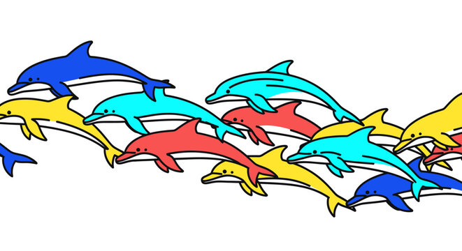 colorful vector dolphin pod swimming in seamless wave pattern