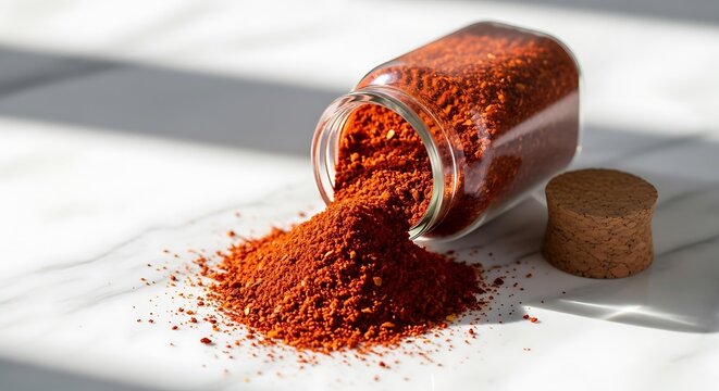 Red chili powder spilling from a glass jar on a kitchen table. aleppo pepper powder