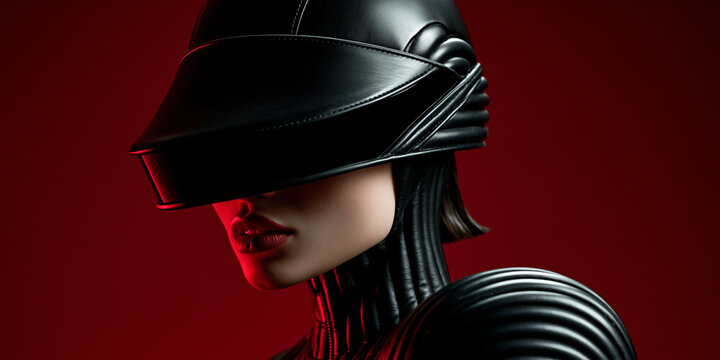 futuristic woman in black leather mask on dark red background, cyberpunk female portrait with black leather mask and red backdrop, mysterious futuristic beauty wearing black leather mask against crims