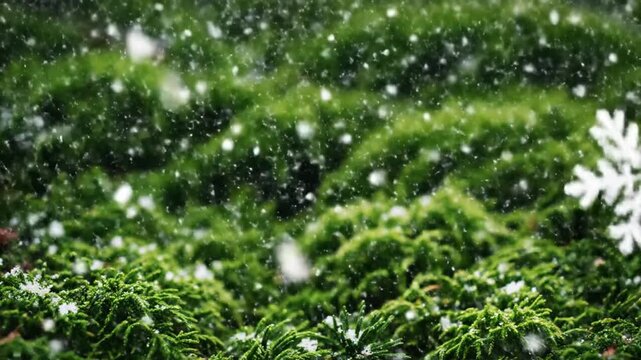 Large White Snowflakes Falling Over Dense Green Moss Background Winter Nature Animation