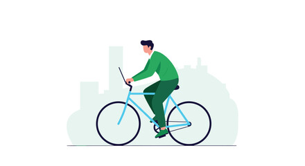 Fototapeta premium Urban commuter riding a blue bicycle through a minimal city landscape with silhouettes of tall buildings in the soft green background.