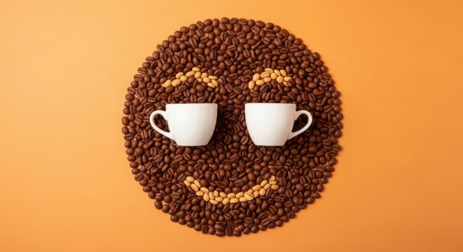 Coffee Bean Smiley Face with Two White Cups as Eyes on Orange Background Keywords: coffee beans, smiley face, emoticon, happy, joy, cheerful, coffee