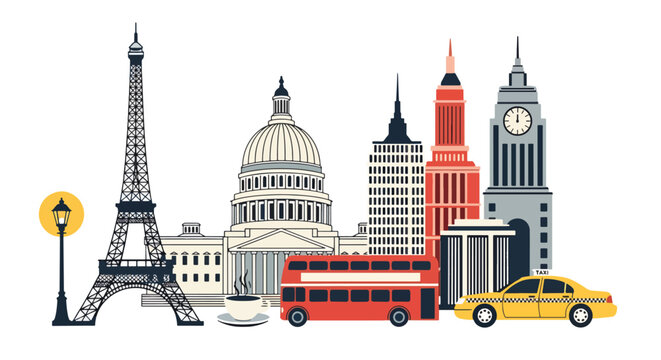 City Landmarks and Transportation Icons.