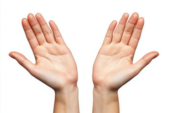 Hands are raised with palms open in a neutral position against a white background showing six fingers in total and bringing attention to the hands