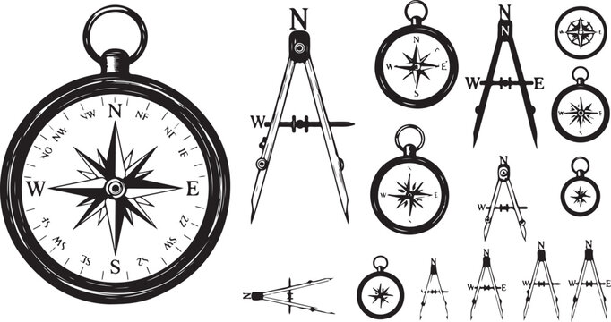 Navigation compass and drafting tool silhouette set