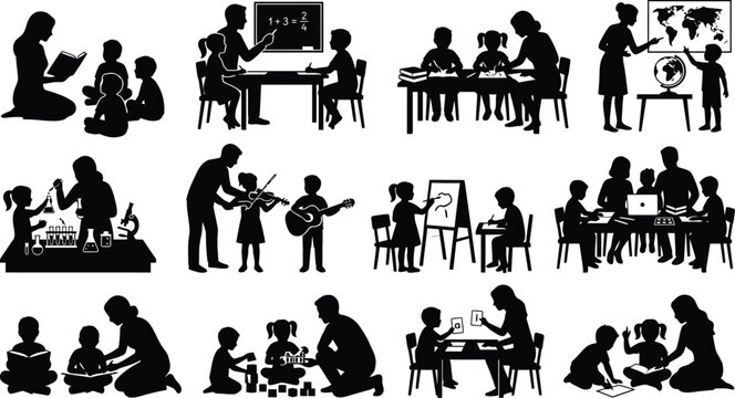 Children learning various activities vector illustration isolated on white background, Vector