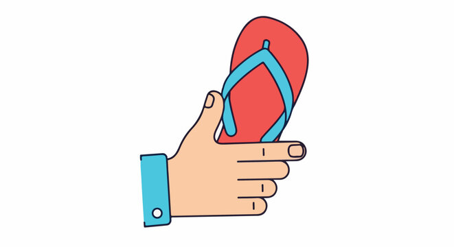 Hand holding a red flip-flop with blue straps against a white background