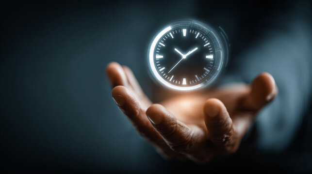 A premium 24/7 customer service concept of a business hand presenting glowing clock interface with support icons against dark  