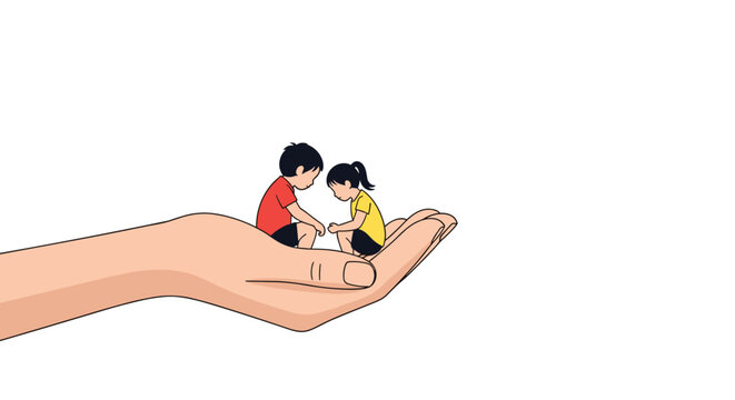 Tiny boy and girl sitting together and talking while being held safely in the large palm of a protective giant human hand.
