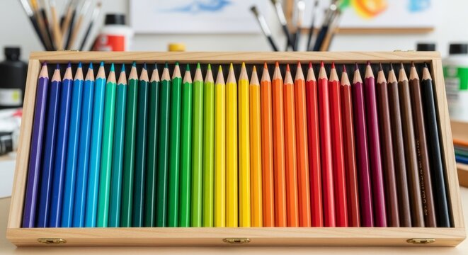 Row of Unsharpened Colored Pencils in Wooden Tray