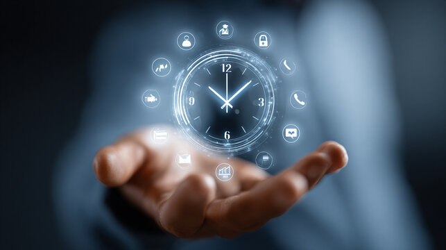 A premium 24/7 customer service concept of a business hand presenting glowing clock interface with support icons against dark  