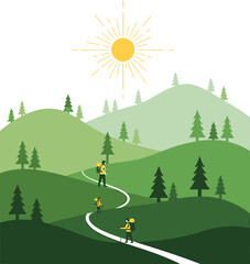 Naklejka premium People with backpacks hiking on a winding path through green hills and pine trees under a bright sun