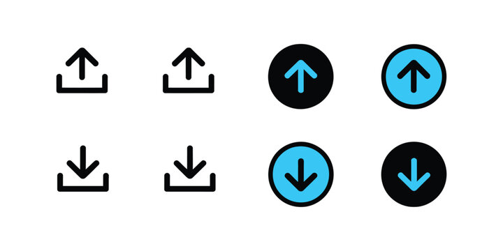 Download and upload icon buttons set featuring file transfer symbols with upload and download arrows in line and flat style for cloud file management and ui interface design.