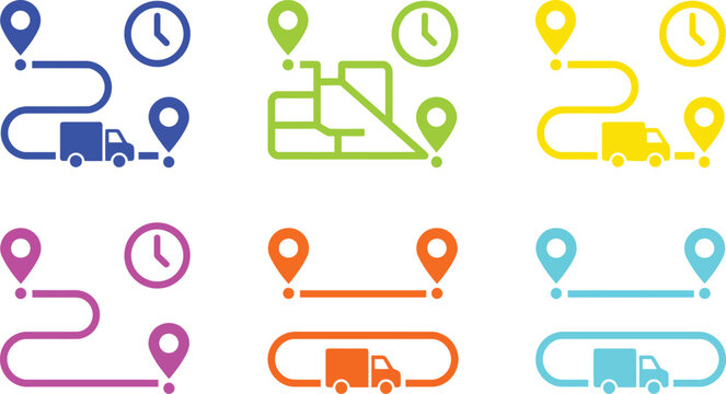 A vibrant collection of flat design delivery tracking icons featuring location pins trucks and clocks perfect for illustrating logistics shipping and supply chain concepts in web and mobile applicatio