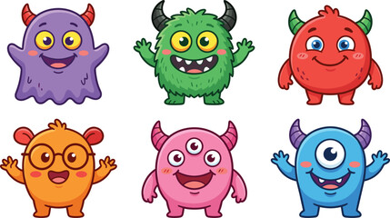Fototapeta premium Cute and Friendly Cartoon Monster Mascot Character Set Featuring Colorful Hairy Purple Green Red Pink Orange and Blue Mythical Creatures for Kids Designs