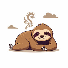 Fototapeta premium Cute Cartoon Sloth Relaxing with Swirls and Clouds