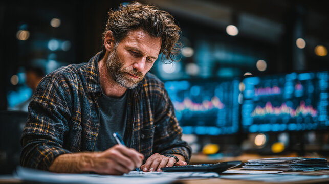 A realistic financial office scene of a businessman analyzing investment risk levels on a digital dashboard while using a calculator 