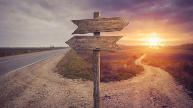 Weathered wooden directional sign standing at a crossroads showing two different paths during a beautiful golden sunset