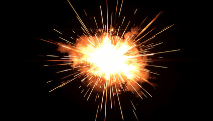 Obraz premium Bright explosion bursts against a deep black background. Fierce light rays shoot outward from the core. Sparks fly in all directions, glowing intensely. Smoke swirls around the center of the blast