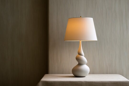 Elegant sculptural table lamp on textured surface with warm ambient lighting