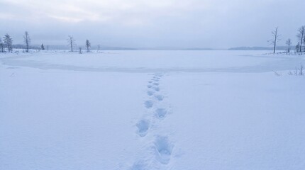 Fototapeta premium Lone animal footprints lead through deep fresh snow toward the edge of a frozen northern lake landscape