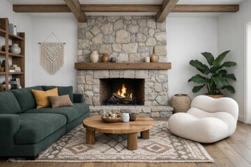 Naklejka premium Cozy livingroom with stone fireplace and modern decor. Ai generative