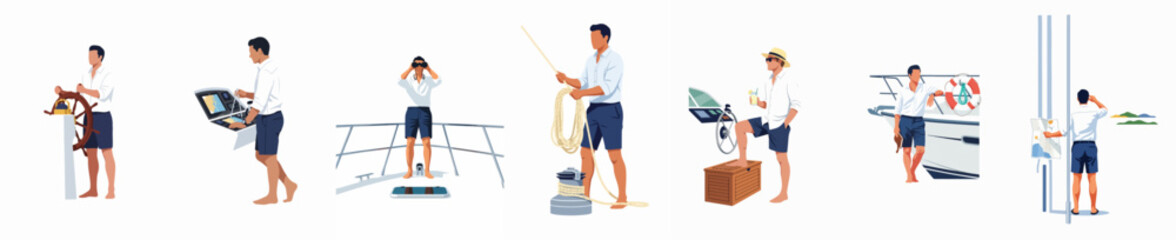 Set of flat vector illustrations featuring a man performing various activities on a luxury yacht, including navigating, steering, and relaxing.